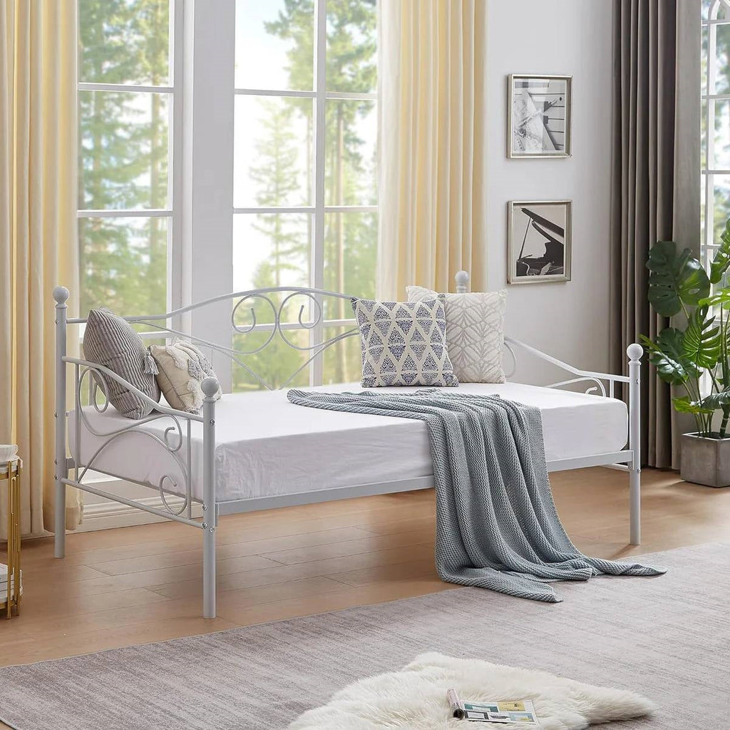 Twin size Classic Heavy Duty Steel Day Bed Frame in White Metal Finish