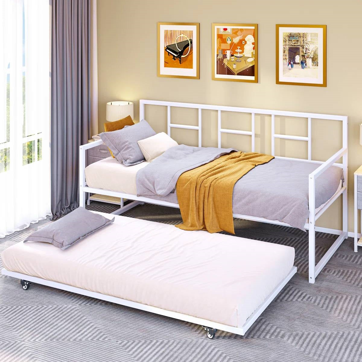 Twin size White Metal Daybed Frame with Roll Out Trundle Bed Frame