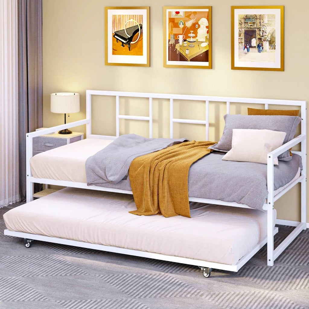 Twin size White Metal Daybed Frame with Roll Out Trundle Bed Frame