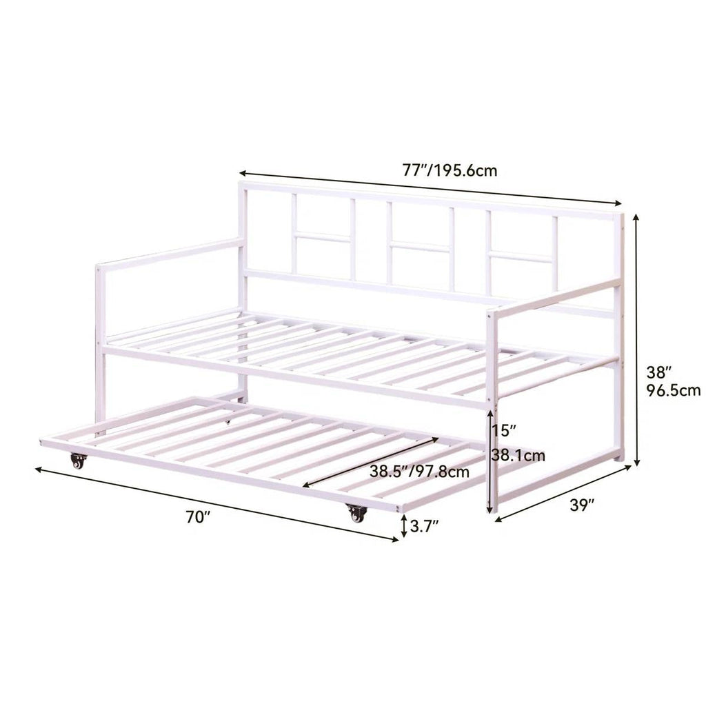 Twin size White Metal Daybed Frame with Roll Out Trundle Bed Frame
