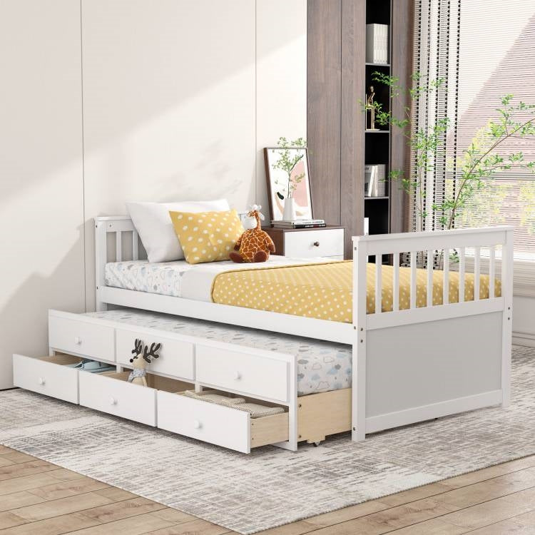 Twin Captains Bed with Pull Out Trundle and Storage Drawers in White Wood Finish