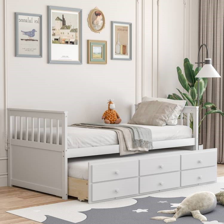 Twin Captains Bed with Pull Out Trundle and Storage Drawers in White Wood Finish
