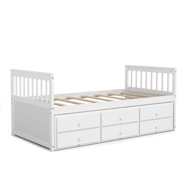 Twin Captains Bed with Pull Out Trundle and Storage Drawers in White Wood Finish