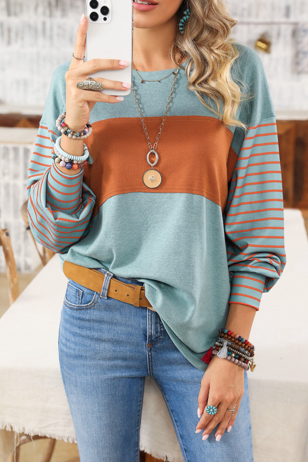 Green Colorblock Striped Bishop Sleeve Top with Side Slits Women's Top