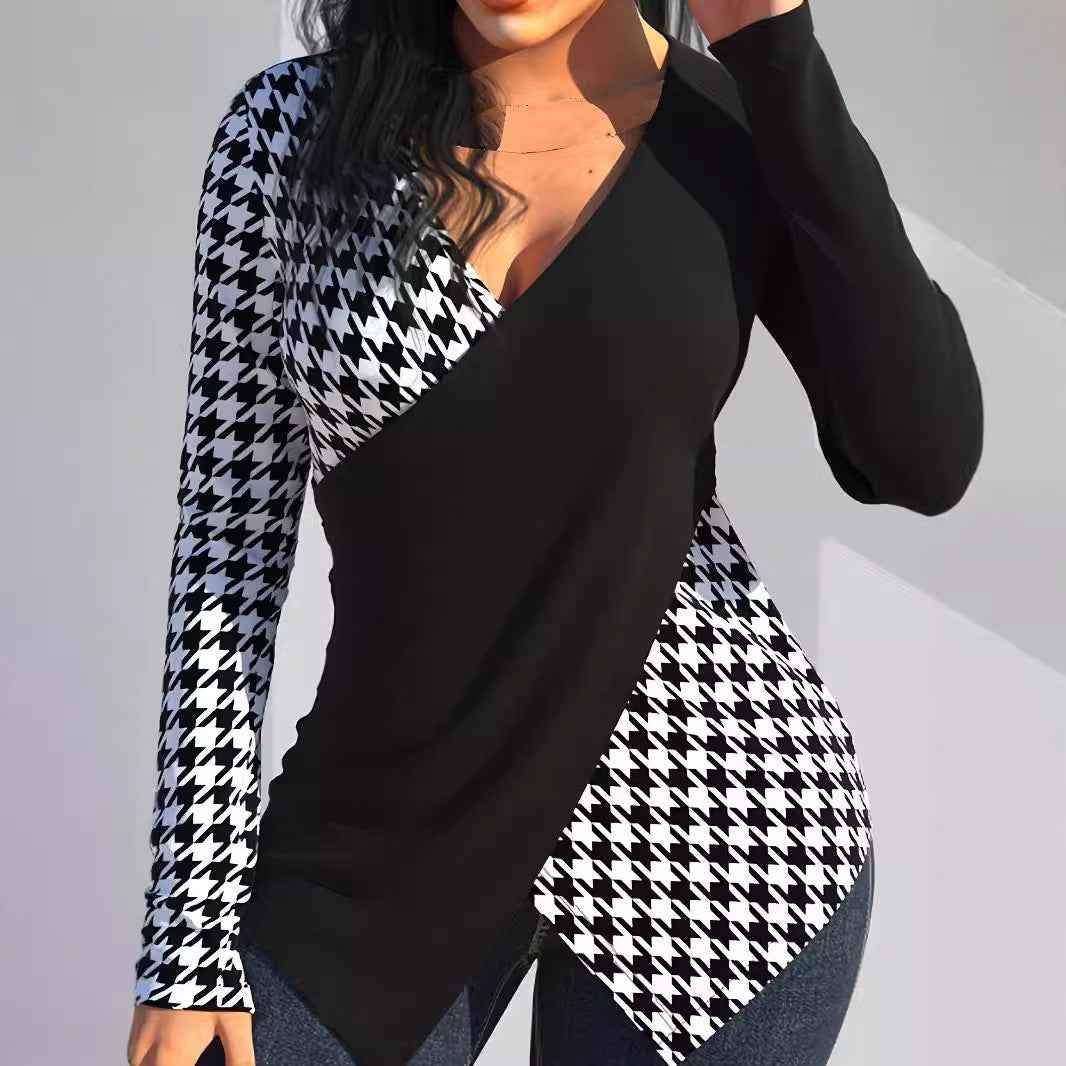 Women's Printed V-neck Blouse Stitching Long Sleeve Women's Top