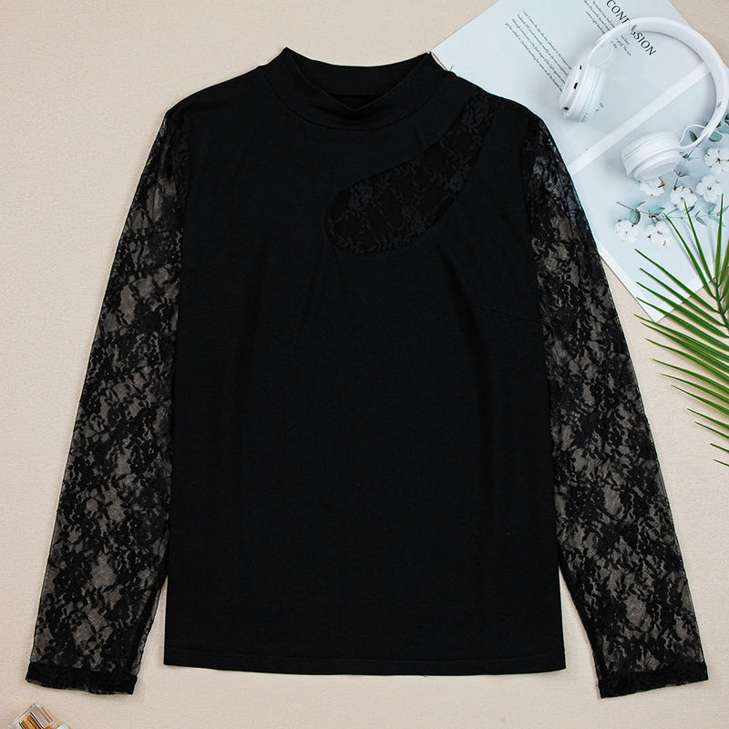 Plus Size Lace Patchwork Cutout Long Sleeve Top