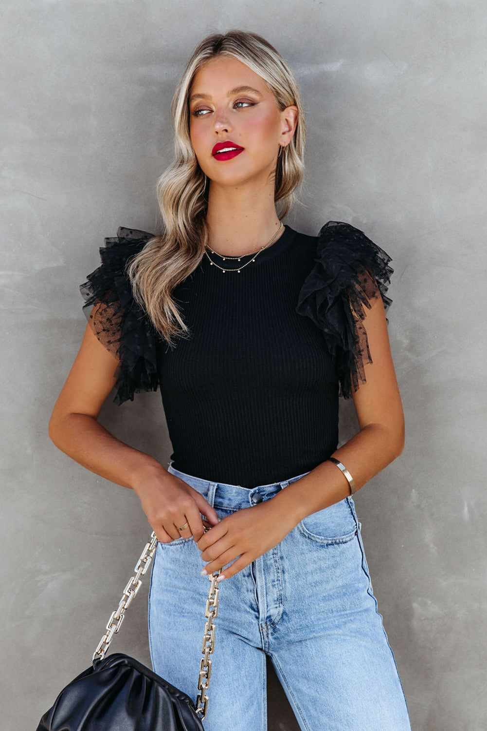 Pink Ruffle Knit Blouse - Casual Dotty Layered Ruffle Ribbed Knit Women's Top