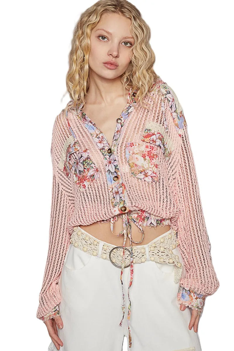 Vintage Washed Crochet Hoodie Jacket With Patchwork