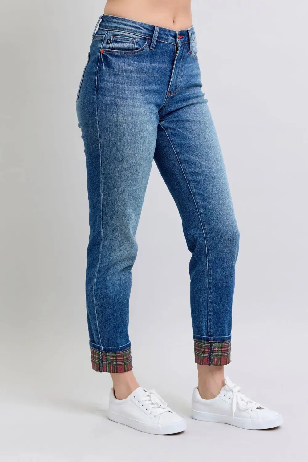 Full/Plus Size Plaid Print Cuff Straight Leg Judy Blue Jeans with Pockets