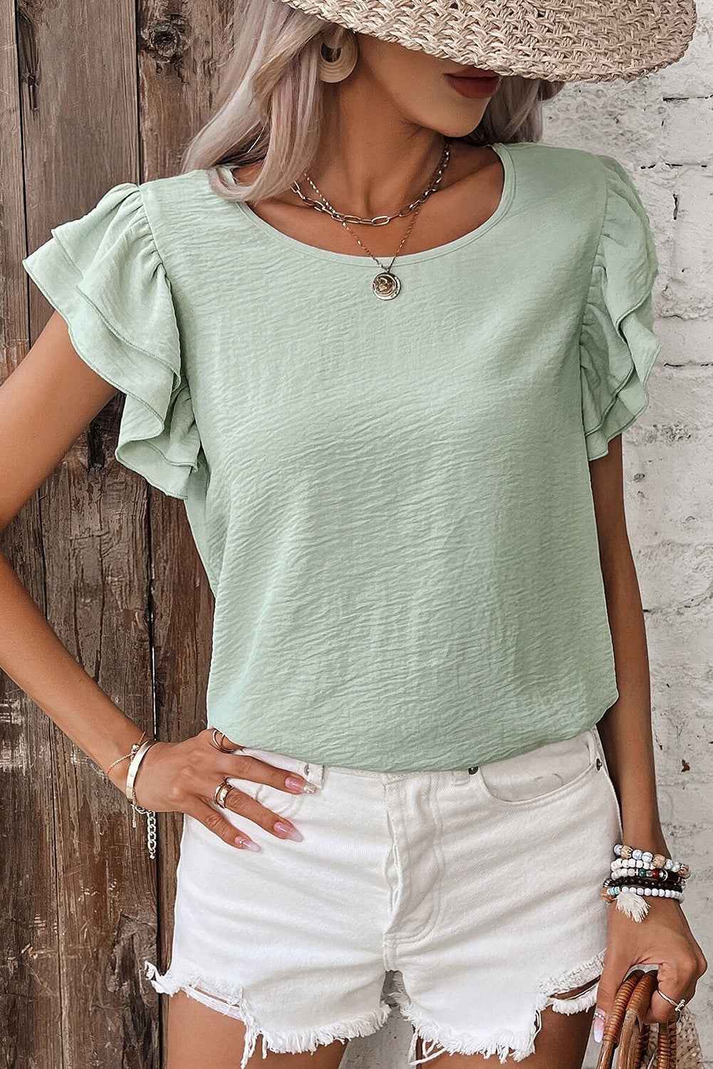 Aqua Ruffle Sleeve Blouse - Clearly Aqua Solid Color Crinkled Top