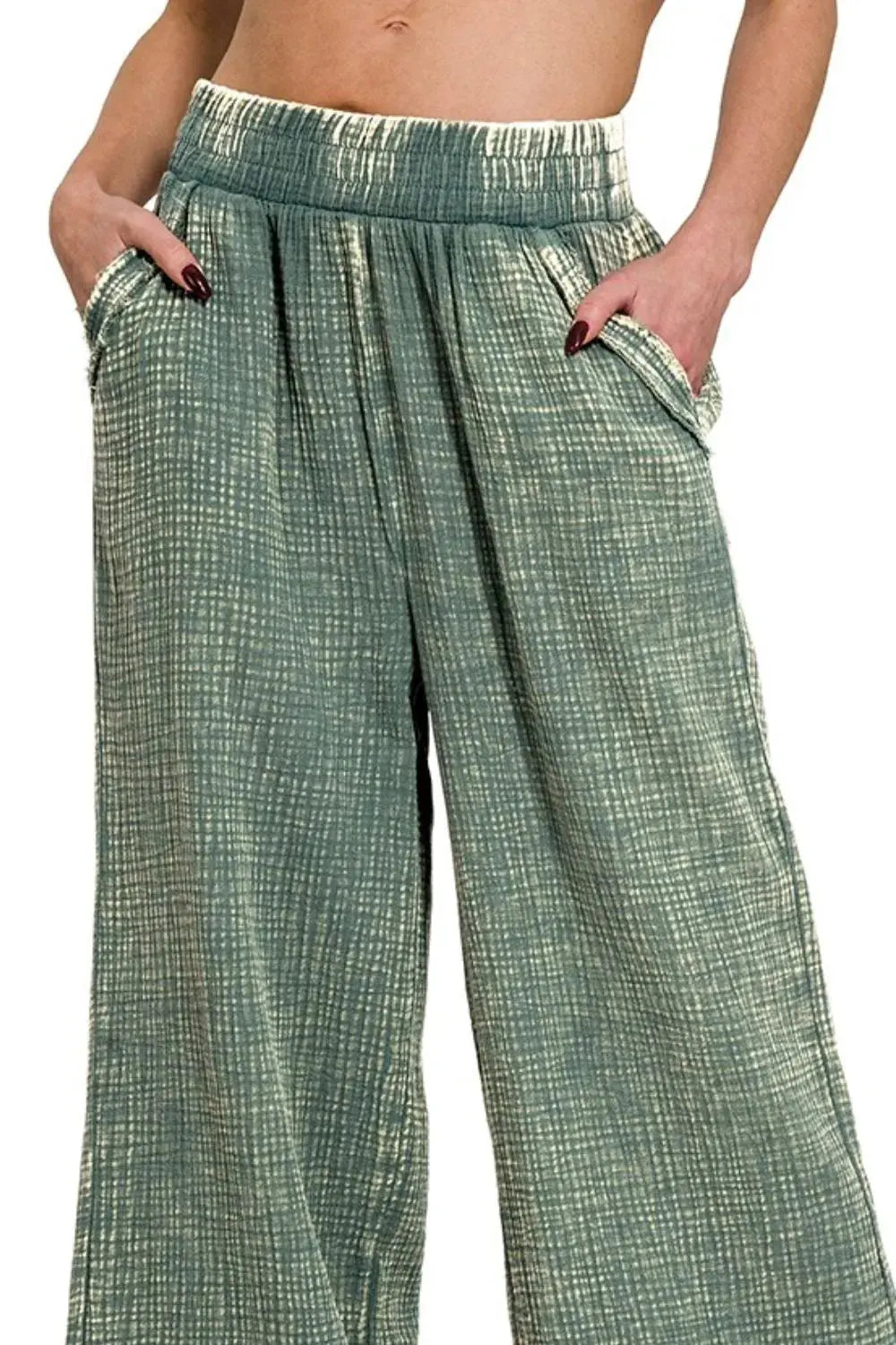 Zenana Jade Washed Cotton Gauze Wide Leg Palazzo Pants
