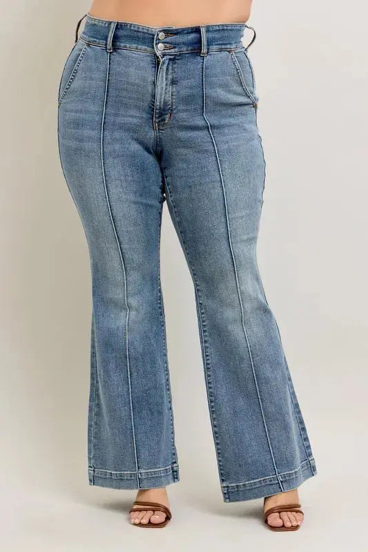 Plus Size High-Waist Flare Denim Judy Blue Jeans with Front Seam Detail
