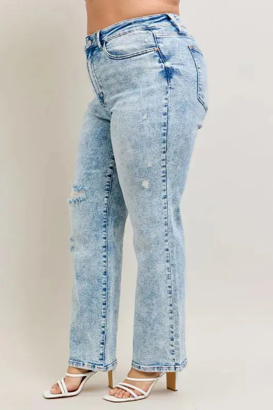 Full Size High Waist Mineral Wash Destroy 90's Straight Leg Judy Blue Jeans