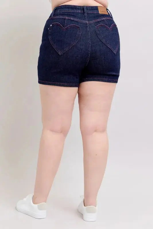 Judy Blue Jeans - Plus Size High Waist Heart Shaped Pockets Denim Shorts with Red Contrast Thread