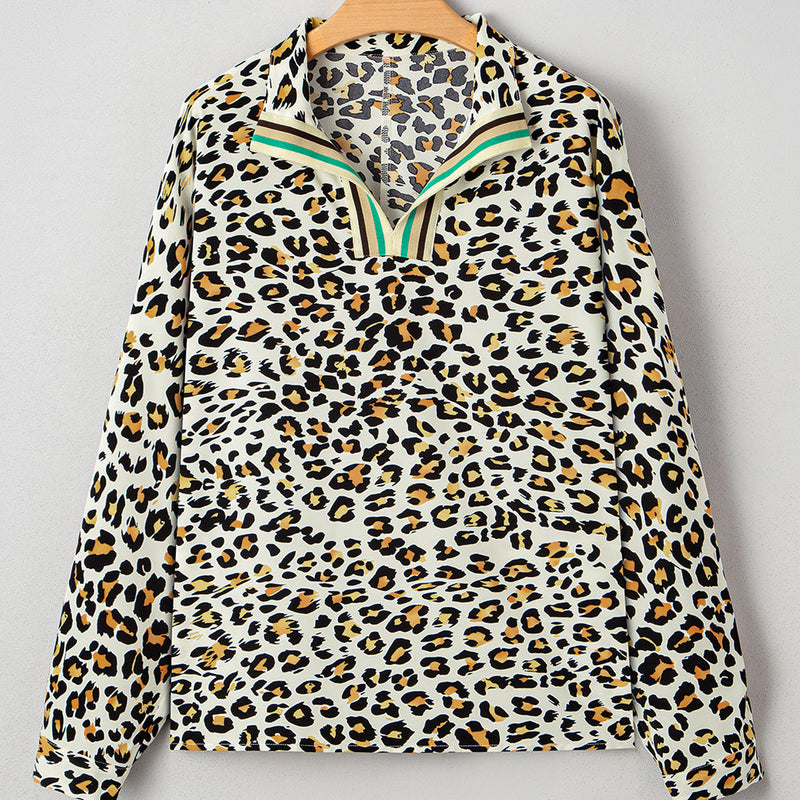 Leopard Contrast Stripe V-Neck Long Sleeve Blouse