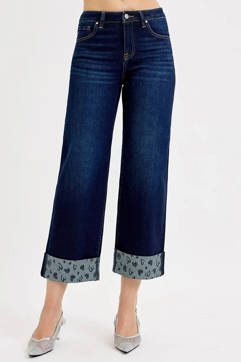 RISEN Jeans - Full Size Mid Rise Fit Crop Wide Leg with Printed Cuff