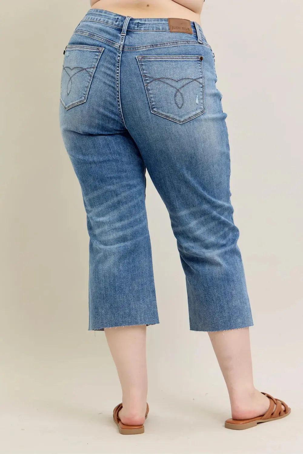 Plus Size High Waist Back Destroy & Raw Cut Hem Crop Wide Leg Judy Blue Jeans