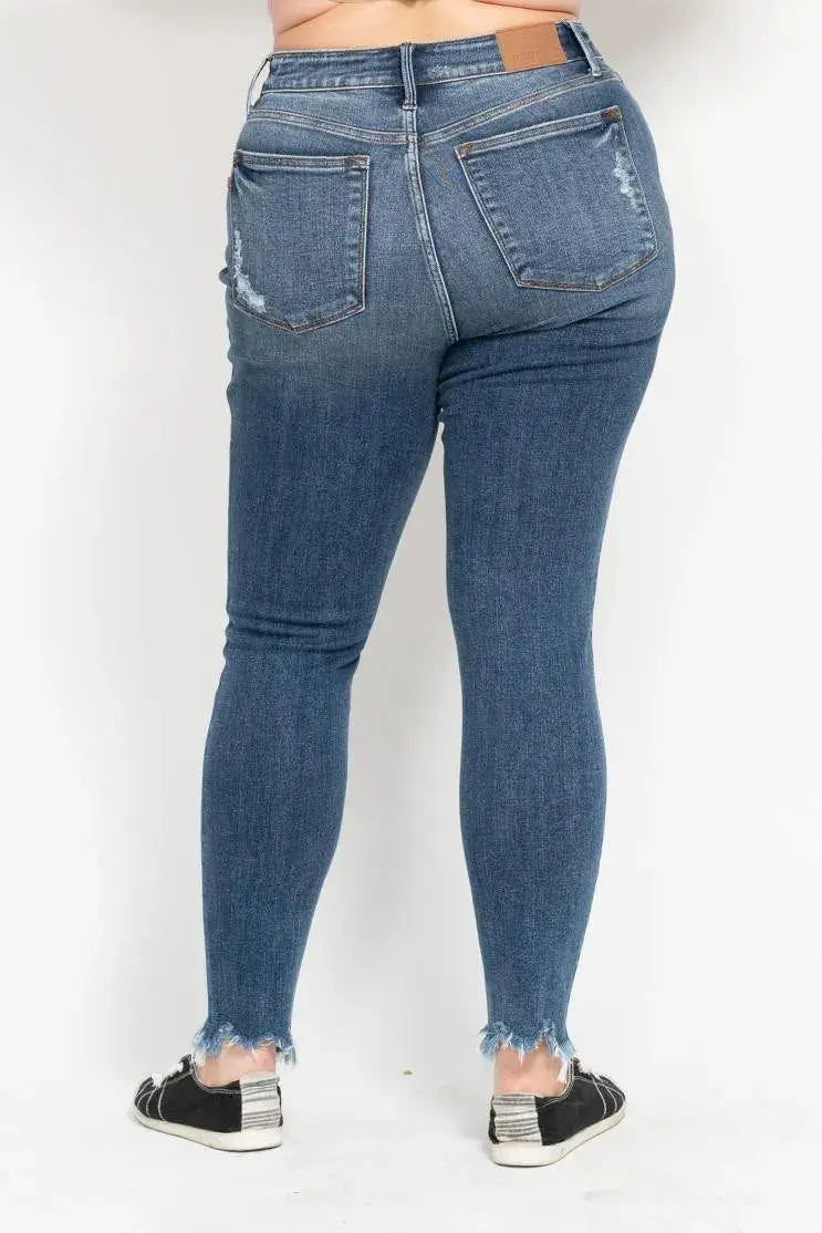 Plus Size High Waist Skinny Judy Blue Jeans with Destroy & Shark Bit Hem