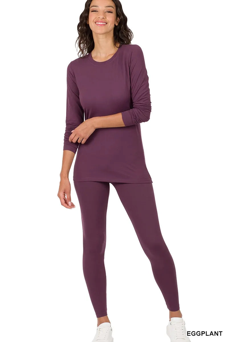Zenana Microfiber Round Neck Top and Leggings Set in Eggplant
