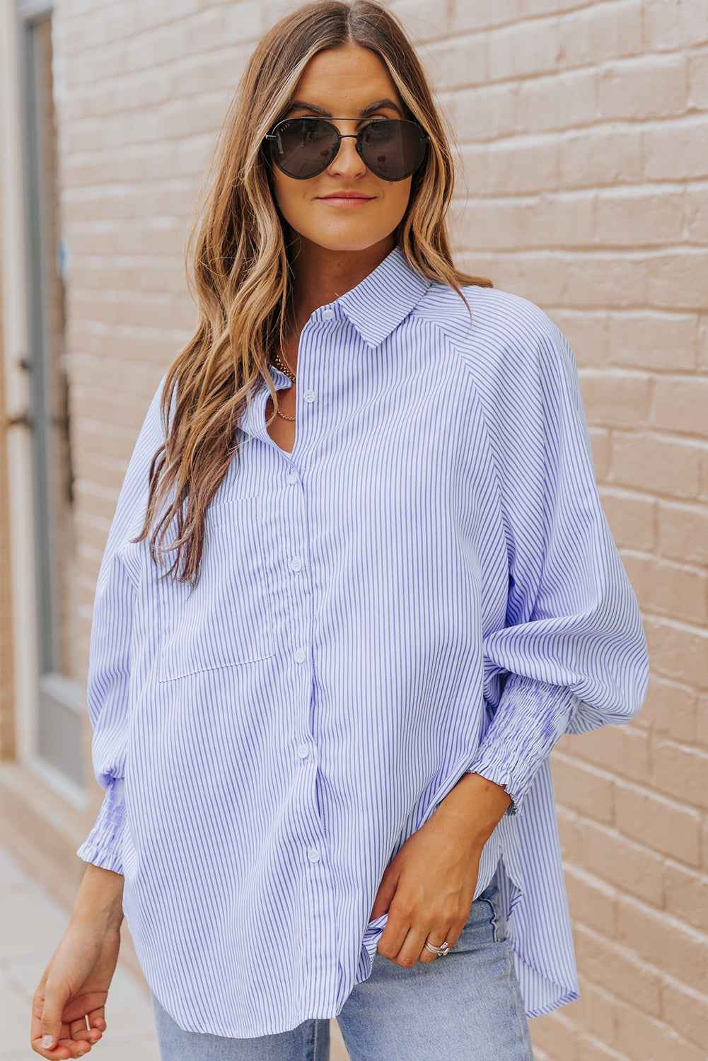 Striped Casual Blouse with Shirred Cuffs for Women