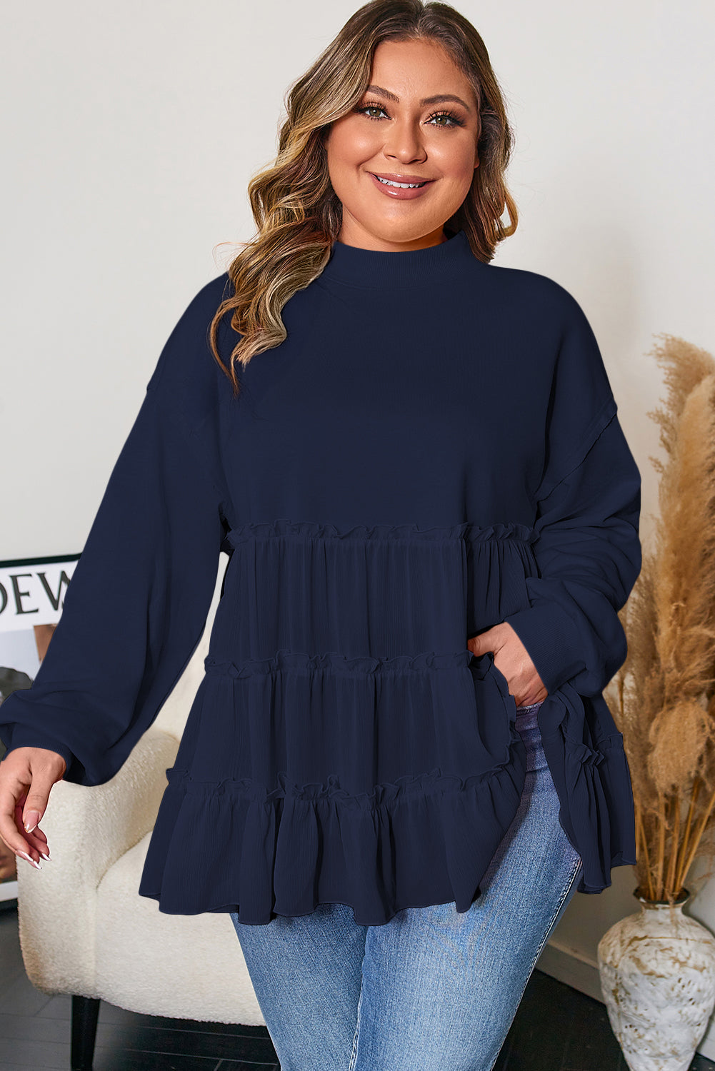Plus Size Solid Ruffle Tiered Ribbed Crewneck Top