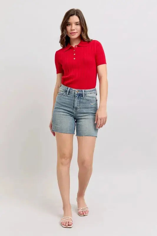 Judy Blue Jeans - Plus Size High Waist Vintage Wash Side Slit Denim Shorts
