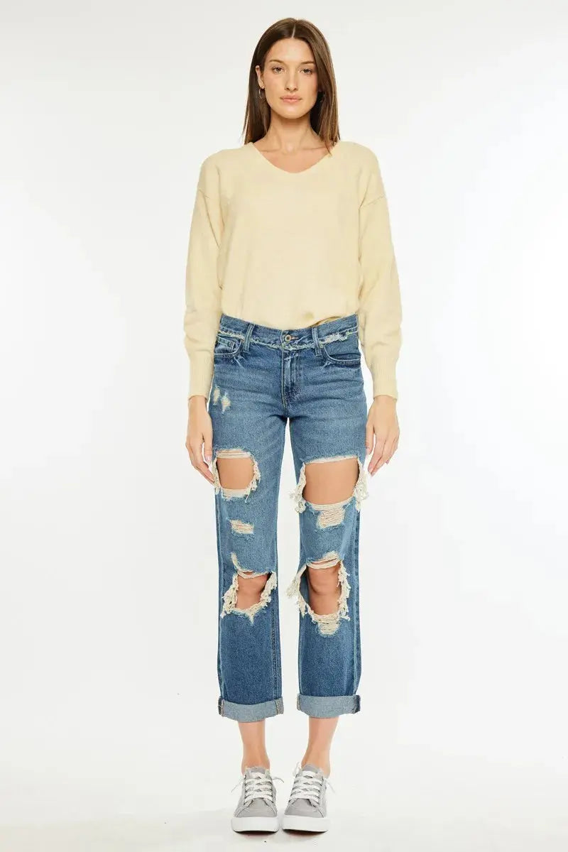 Distressed Mid Rise True Kancan Boyfriend Jeans