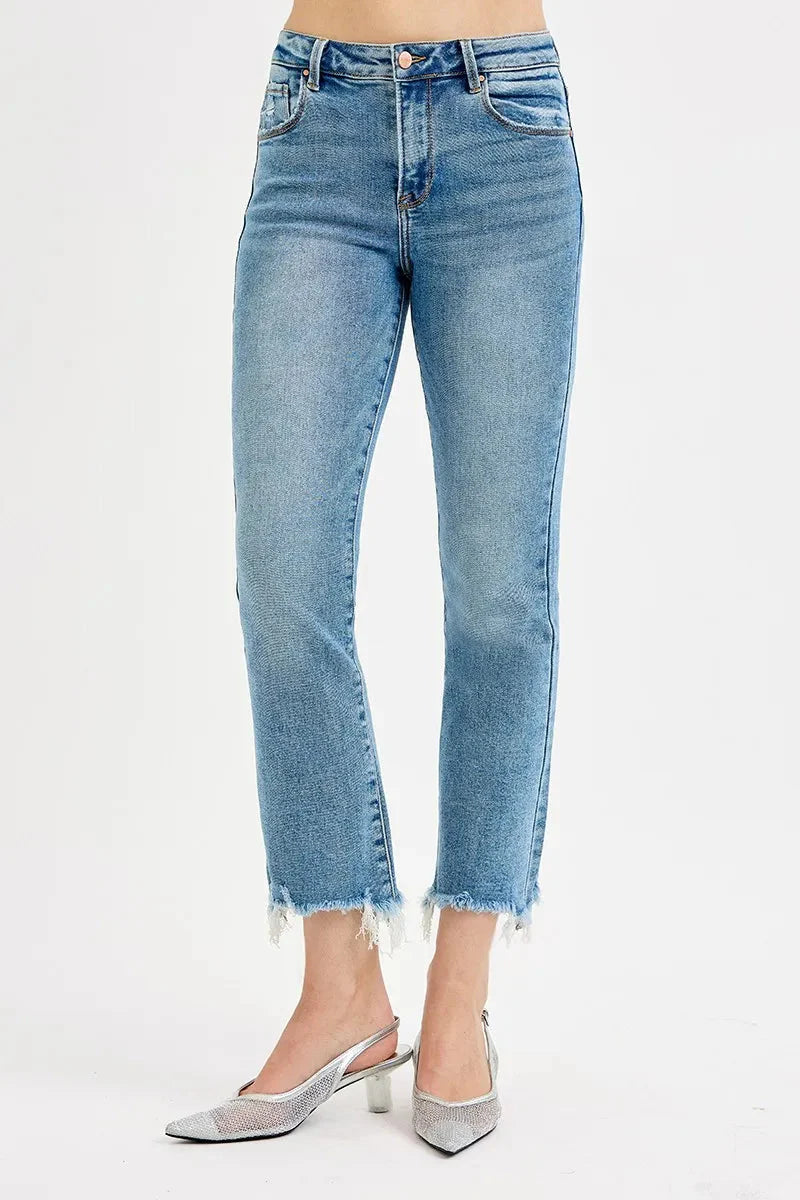 Full Size High Rise Crop Straight Slim Medium Wash RISEN Jeans