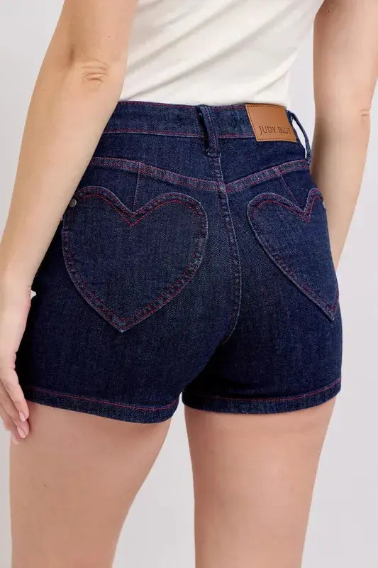 Judy Blue Jeans - Plus Size High Waist Heart Shaped Pockets Denim Shorts with Red Contrast Thread