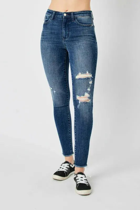 Full Size High Waist Distressed Skinny Leg Judy Blue Jeans