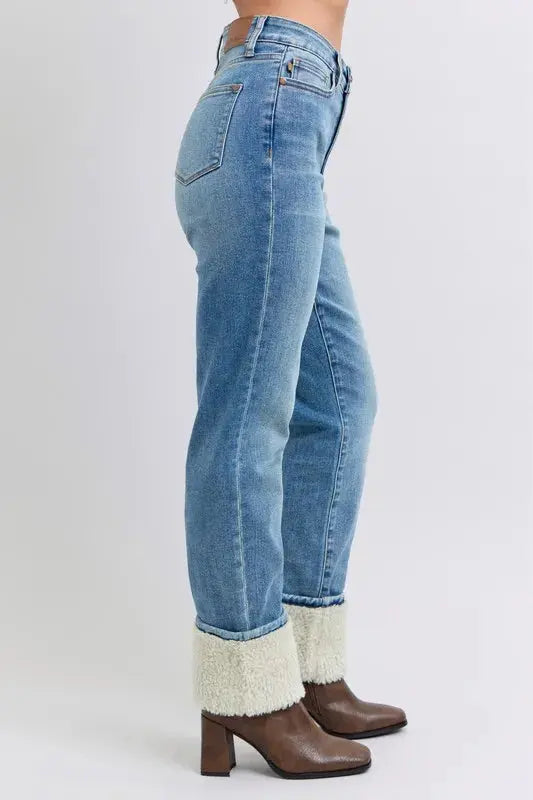 Plus Size High Waist Shearling Cuff Straight Leg Judy Blue Jeans