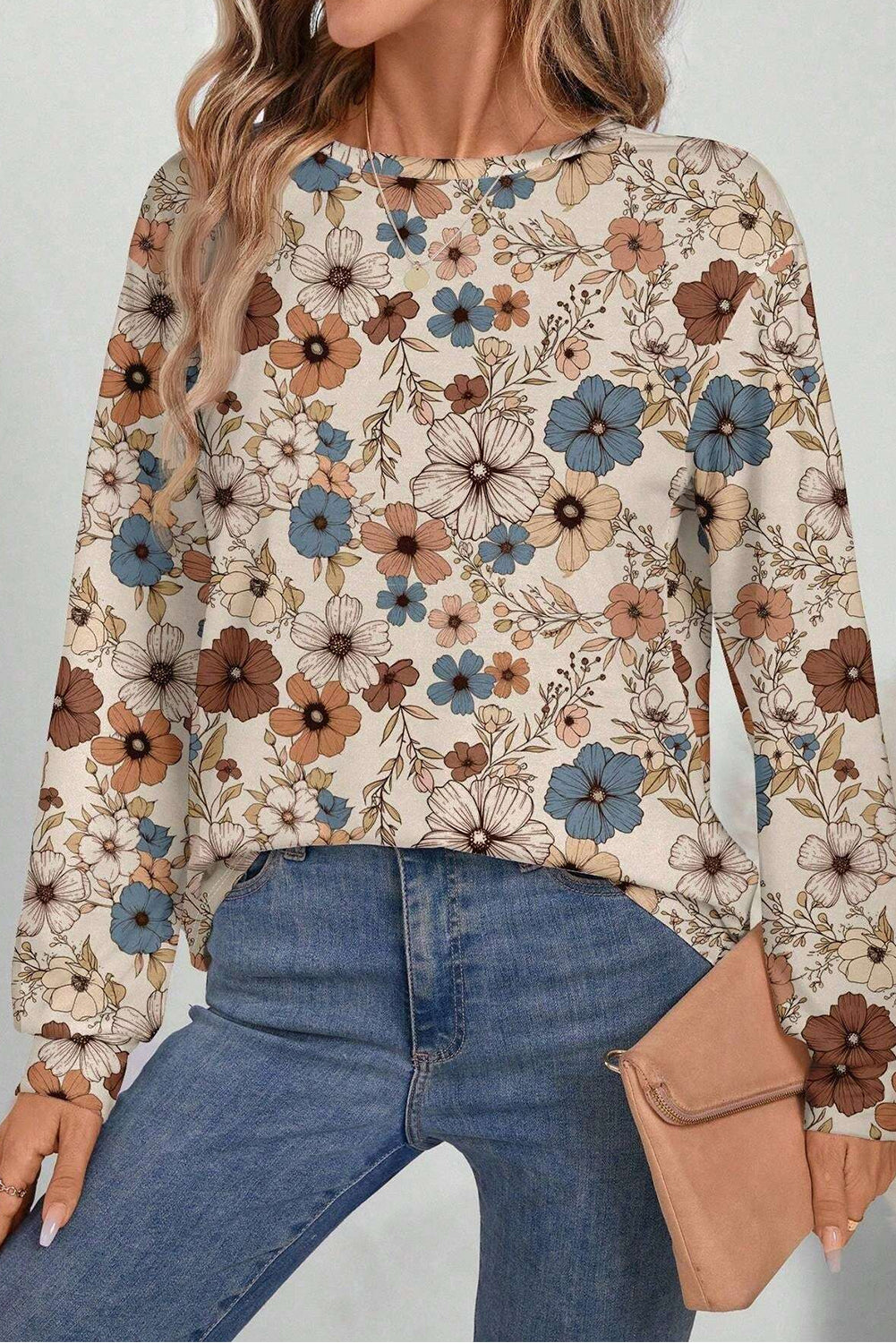 Khaki Floral Print Women's Top - Allover Floral Crew Neck Long Sleeve