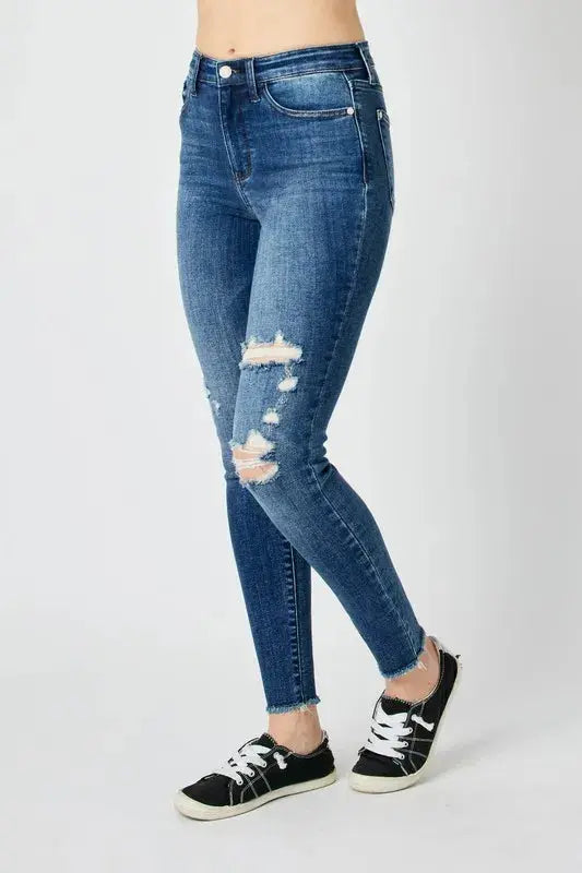 Full Size High Waist Distressed Skinny Leg Judy Blue Jeans