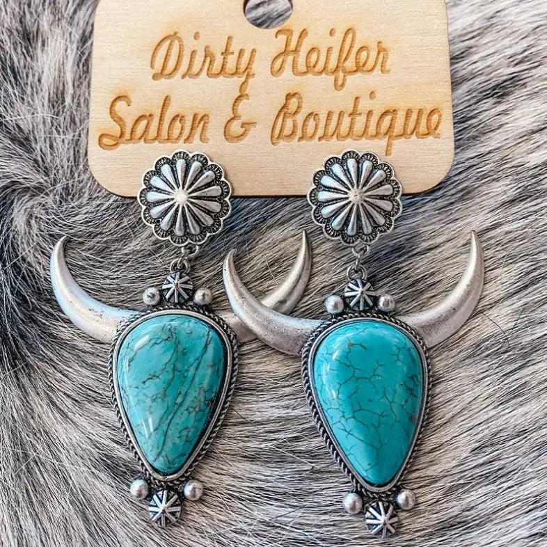 Western Cow Head Turquoise Statement Earrings