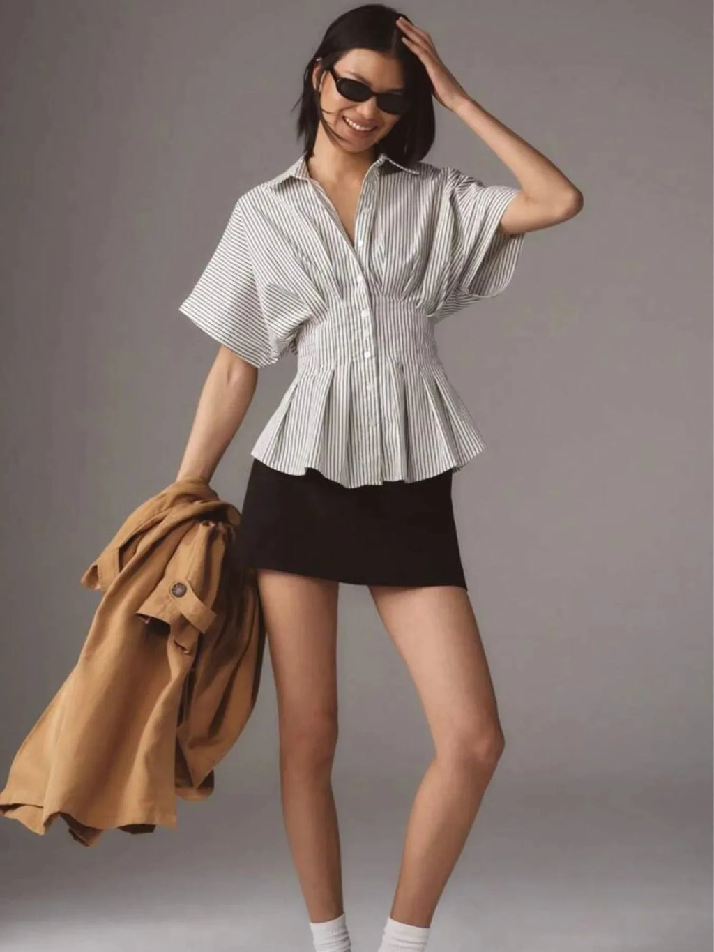 Pinstripe Puff Sleeve Cinched Waist Button Up Shirt