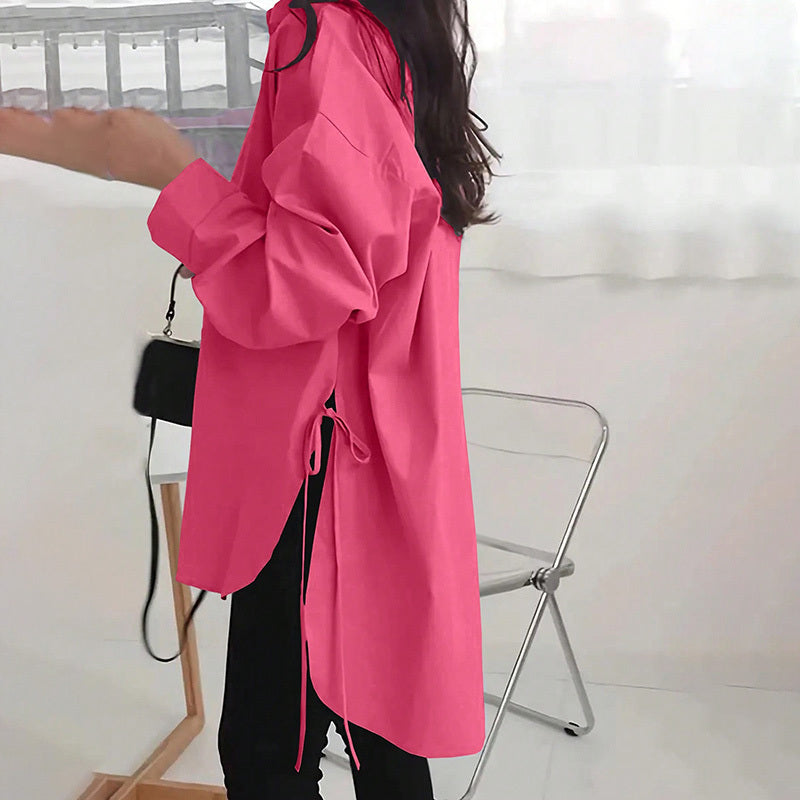 Women's Casual Loose-Fit Long Sleeve Shirt - Side Slit Tie Detail Button-Down Blouse, Solid Color Top