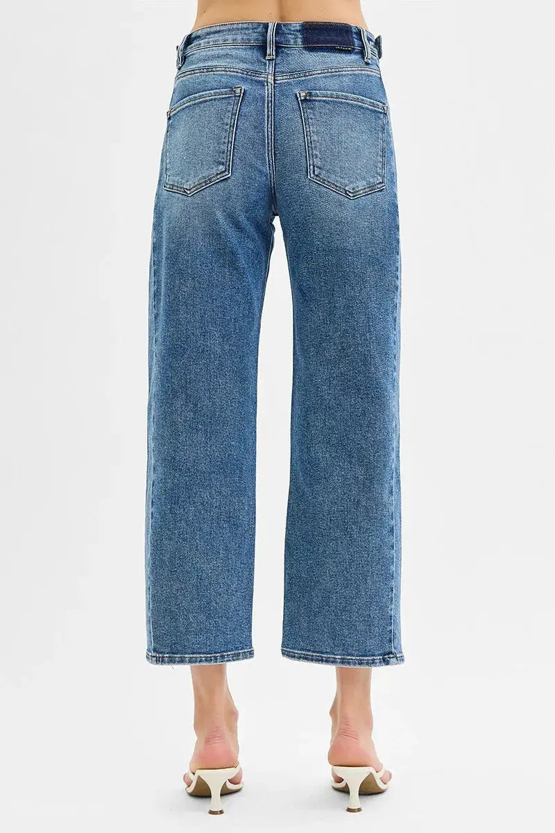 High Rise Crop Length Barrel Adjustable Waist Band RISEN Jeans