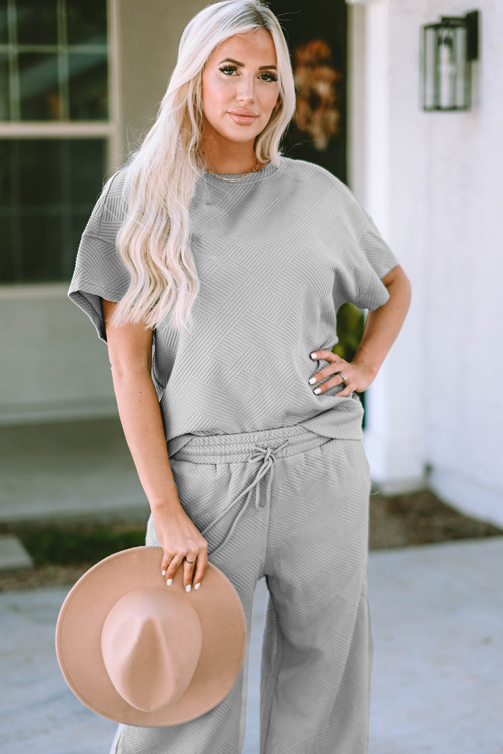 Solid Textured T-Shirt and Drawstring Pants Set