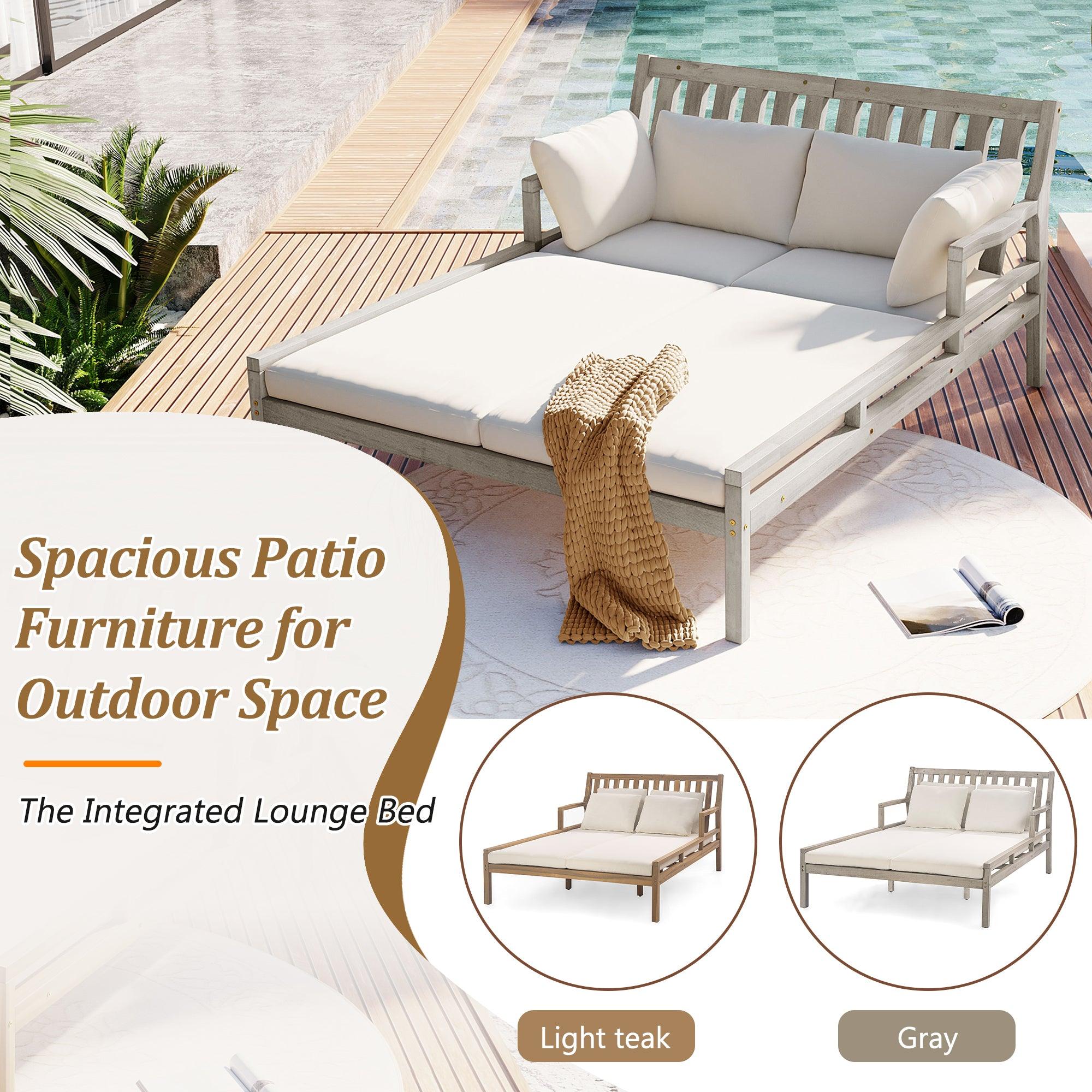 Outdoor Daybed, Patio Daybed with Four Pillows, Wooden Outdoor Bed with Curved Armrests for Poolside, Backyard, Garden