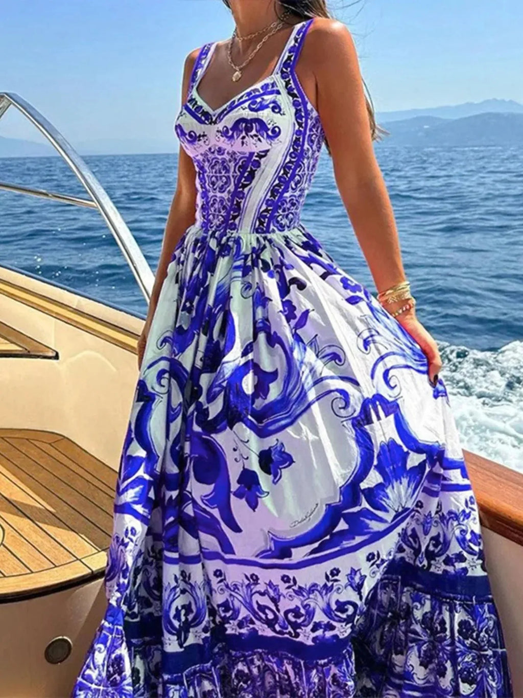 Full Size Boho Printed Sweetheart Neck Maxi Cami Dress