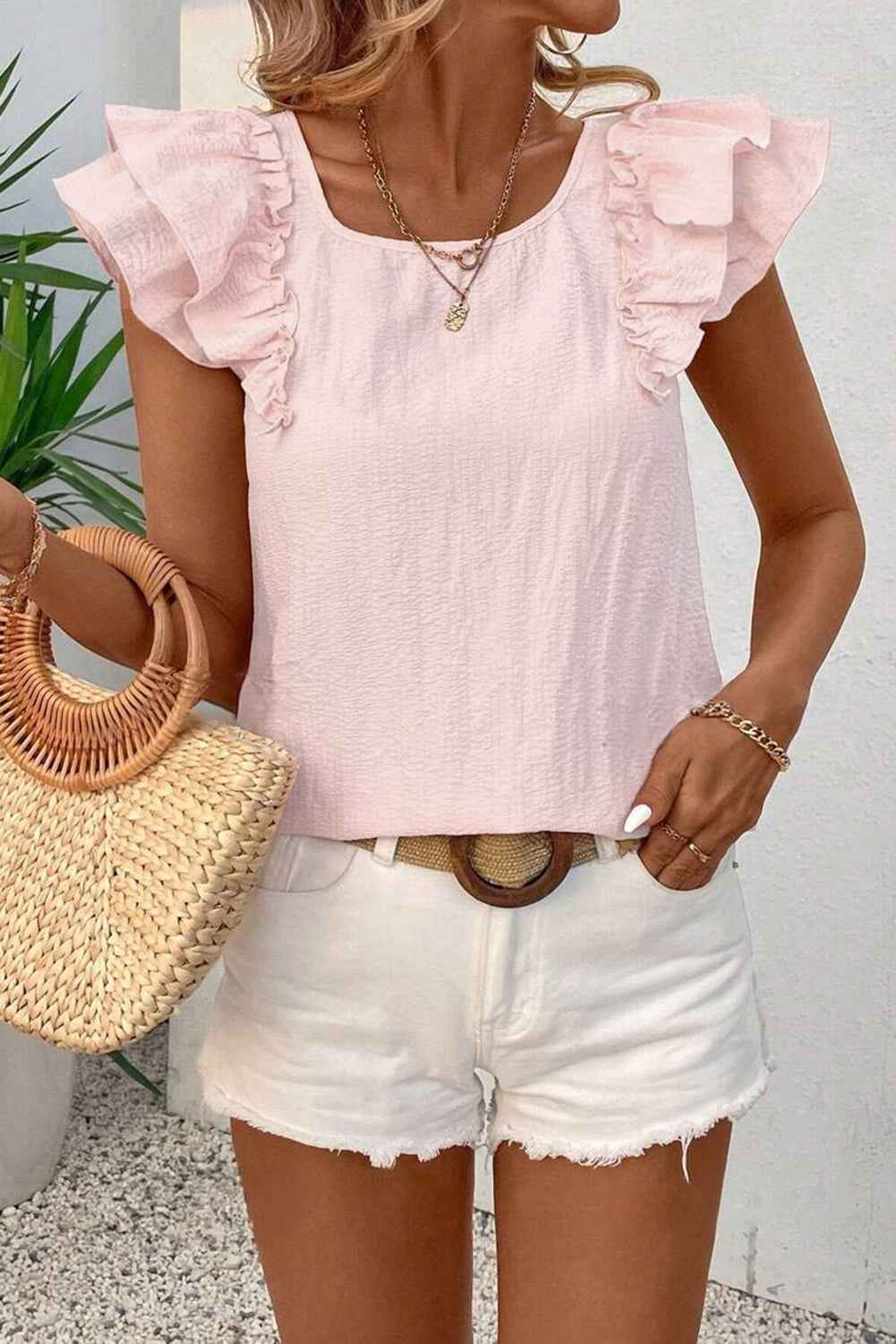Gossamer Pink Ruffle Sleeve Blouse with Textured Bow Frills and Ruffles