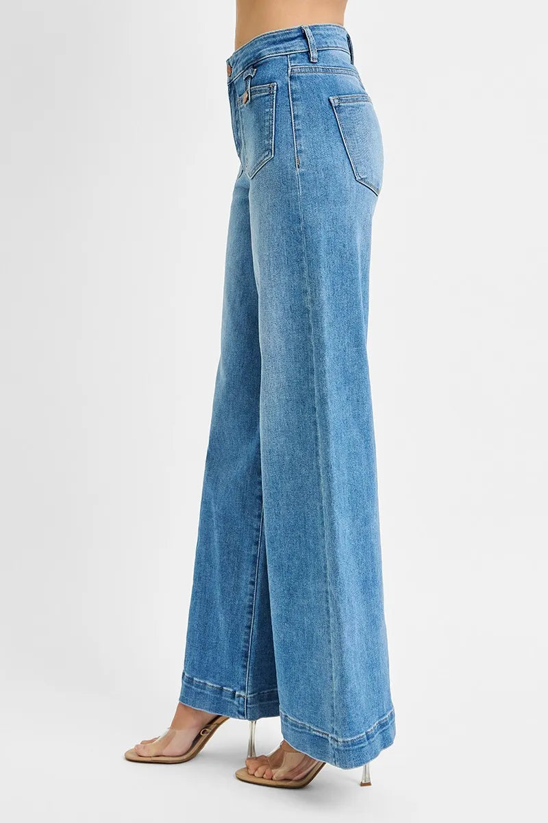 RISEN Plus Size Mid Rise Wide Leg Jeans With Patch Pockets