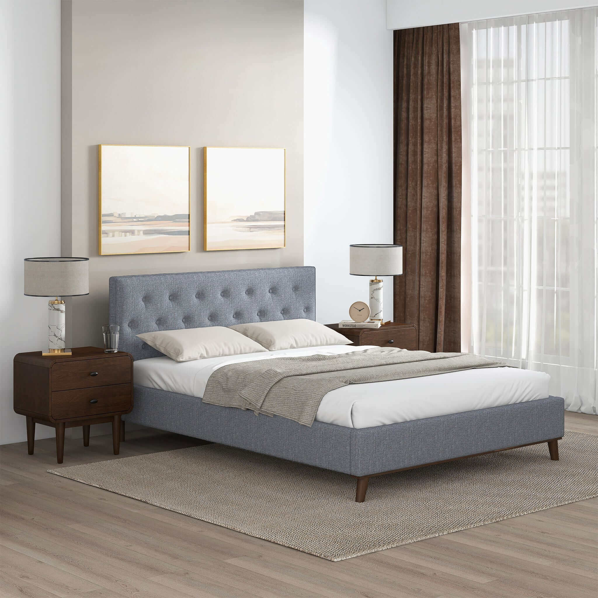 Graceville Queen Platform Bed Light Grey Linen – Premium Upholstered B