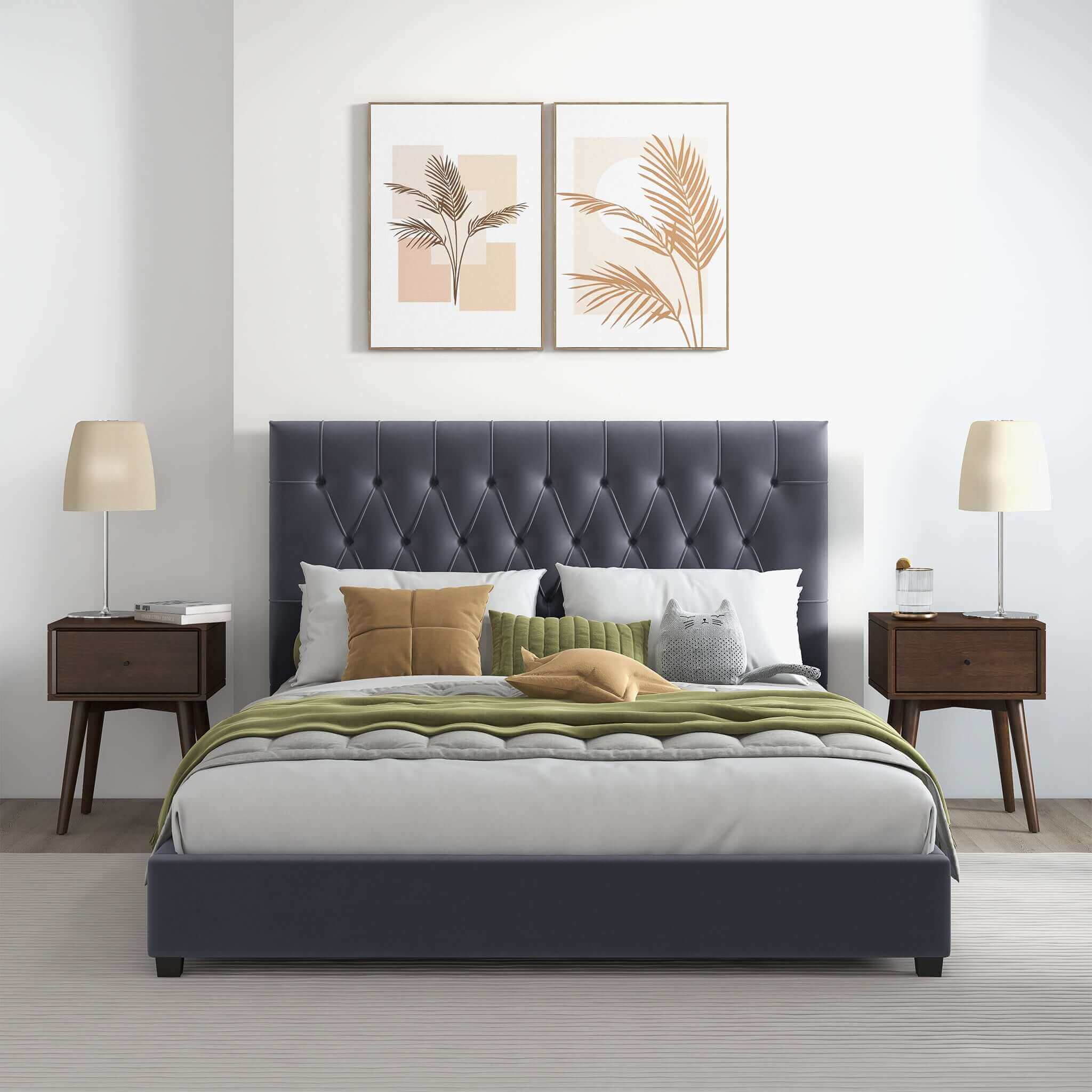 Donald Mid Century Modern Grey Velvet Platform Bed King – Premium Upho