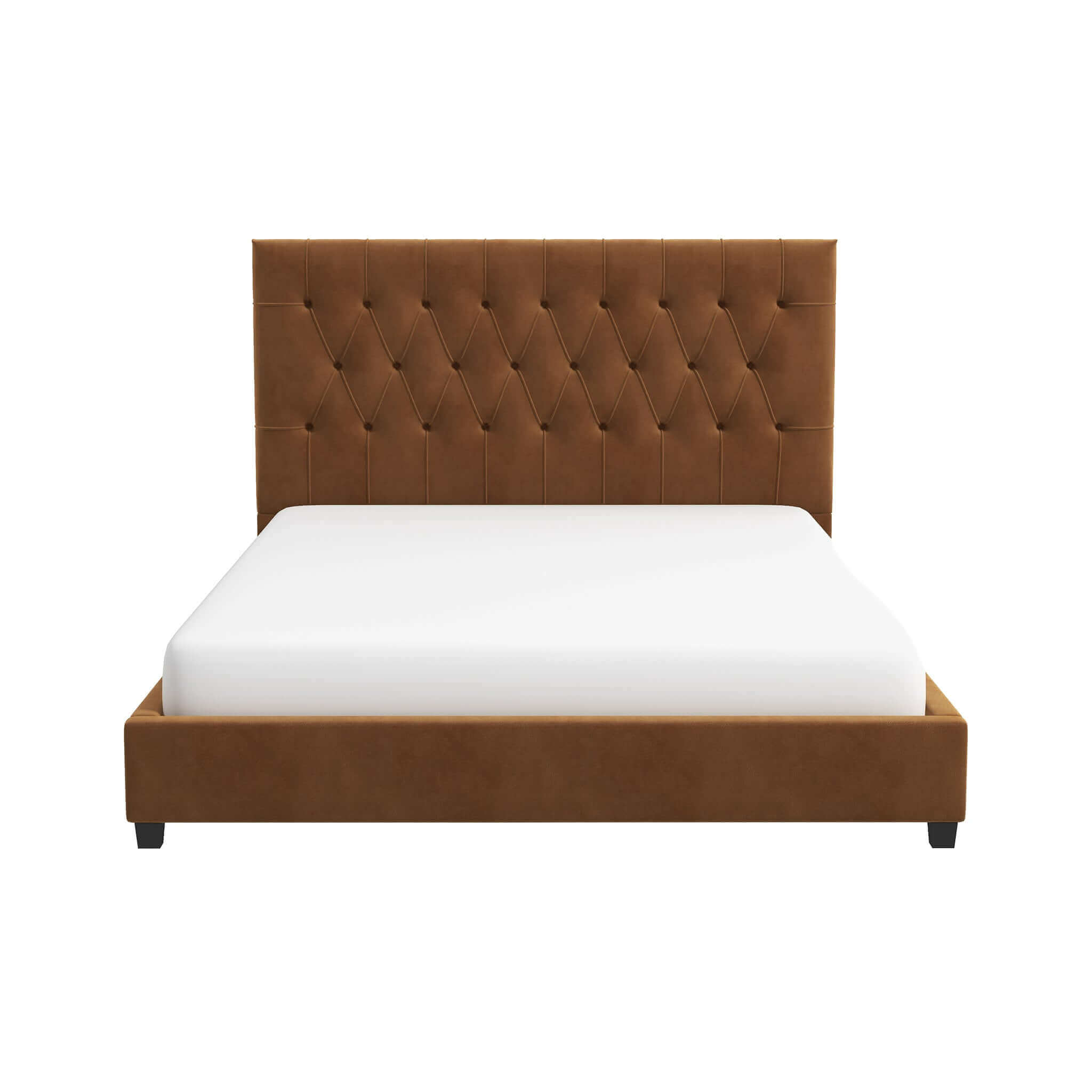 Donald Mid Century Modern Cognac Velvet Platform Bed Queen – Premium U