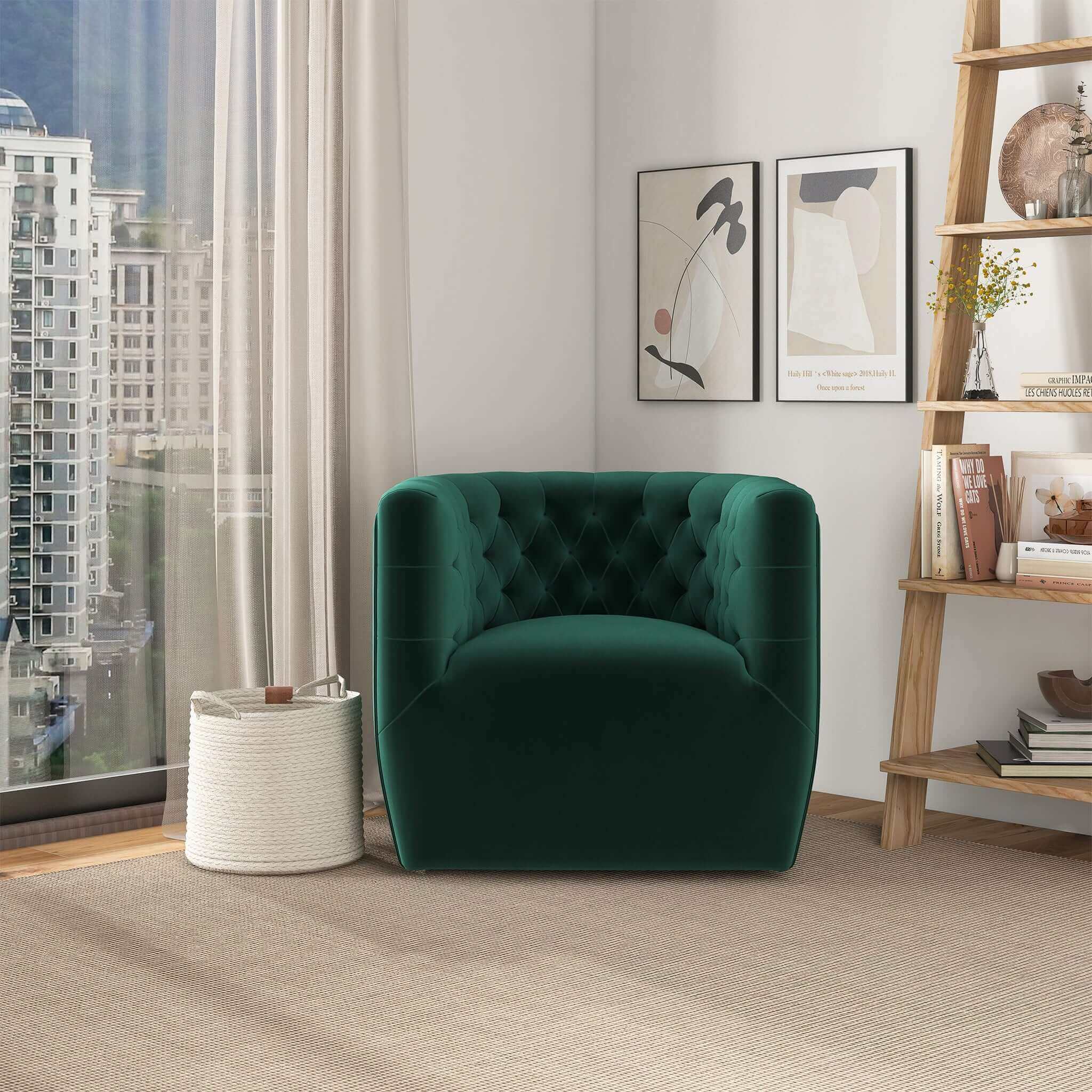 Delaney Green Velvet Swivel Chair – Luxury Modern Seating – Curated by