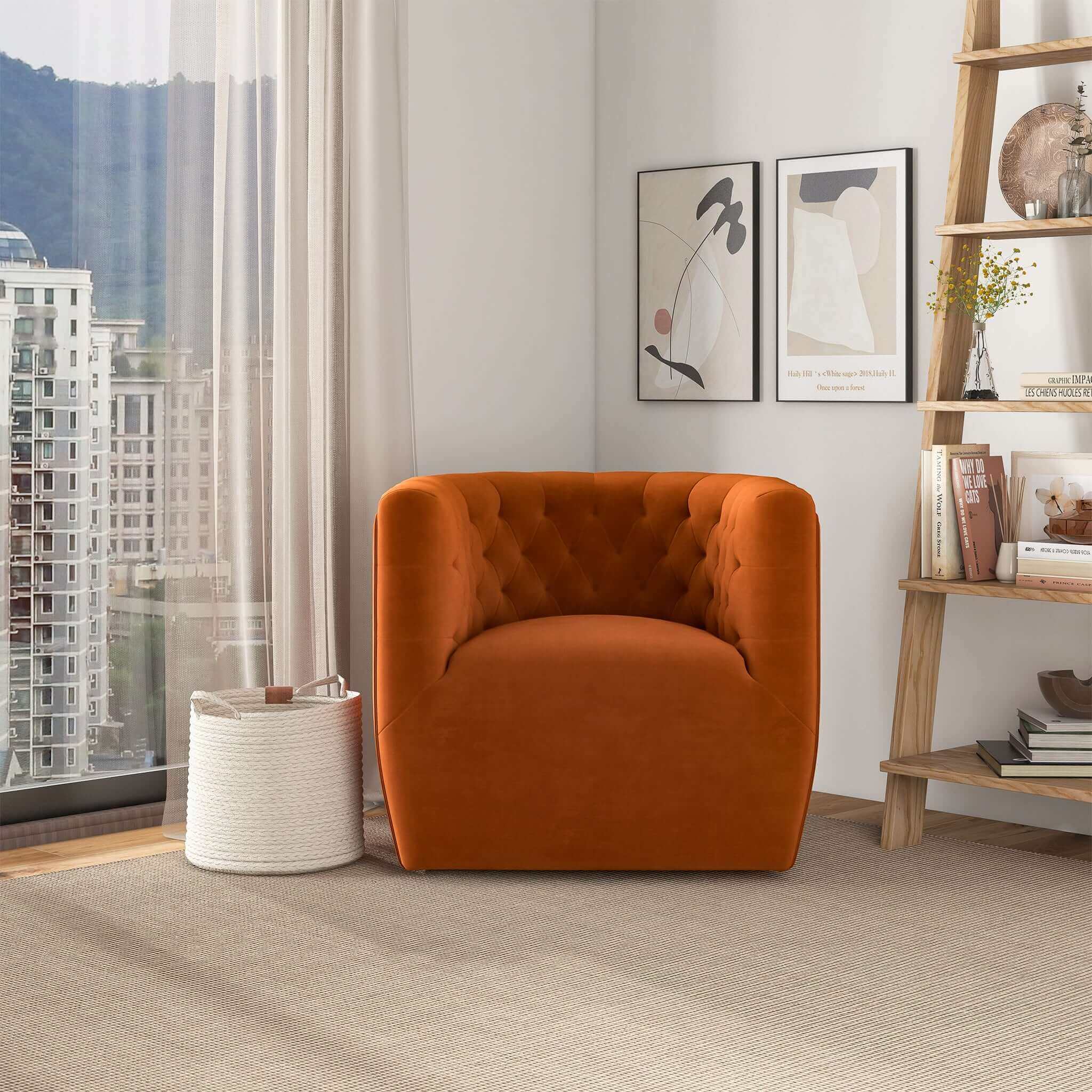 Delaney Burnt Orange Velvet Swivel Chair – Luxury Modern Seating – Cur