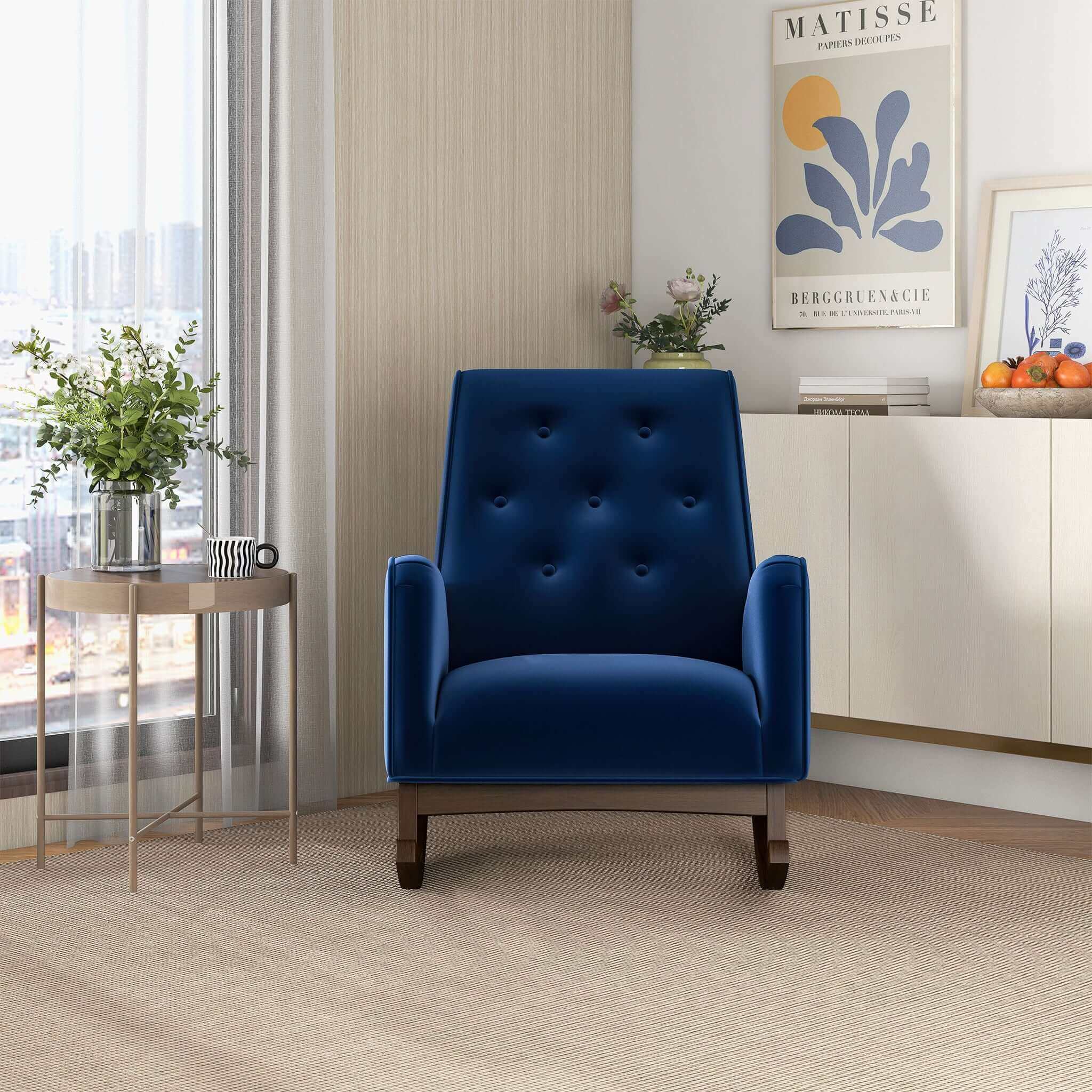 Demetrius  Dark Blue Velvet Solid Wood Rocking Chair – Luxury Modern S