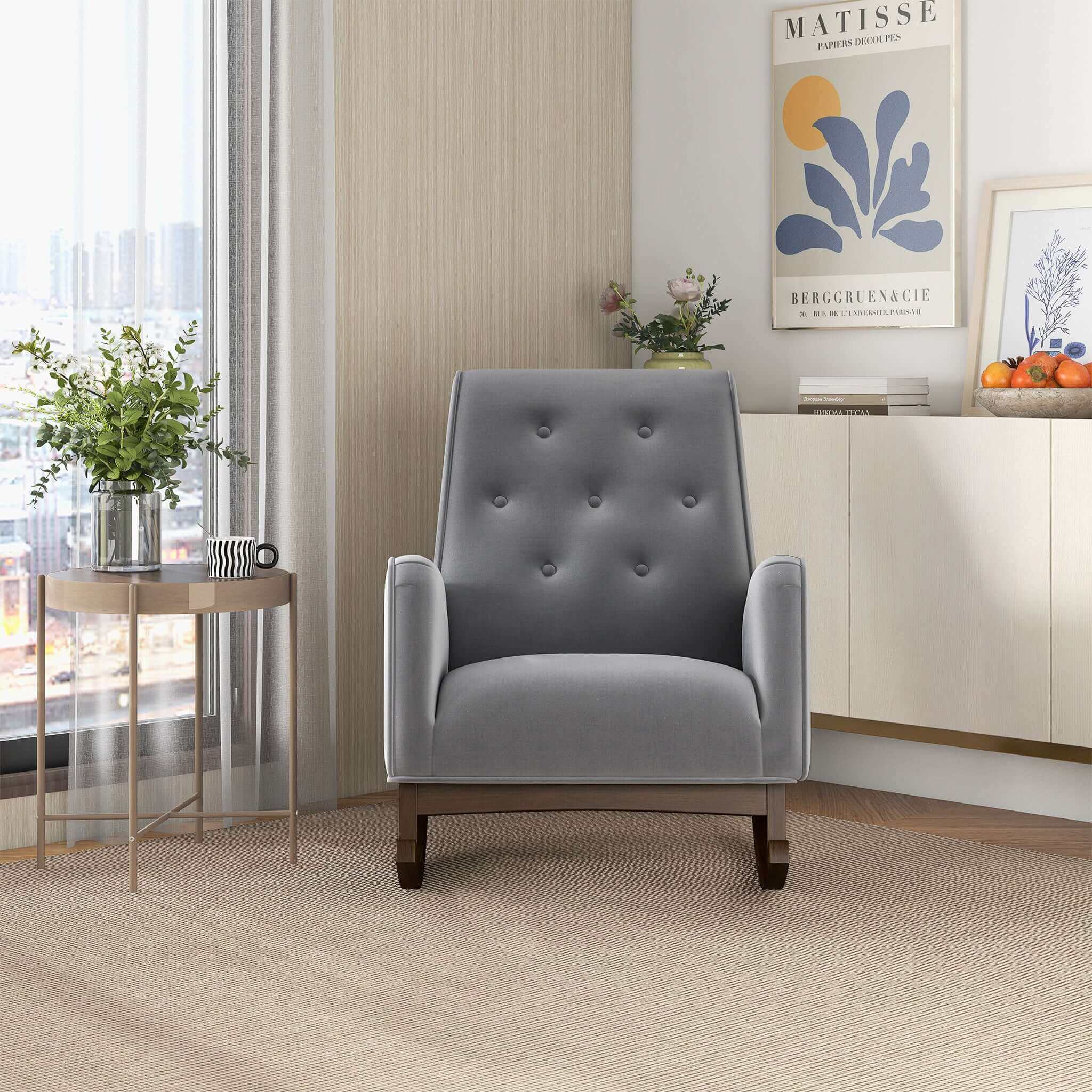 Demetrius  Light Grey Fabric Solid Wood Rocking Chair – Luxury Modern 