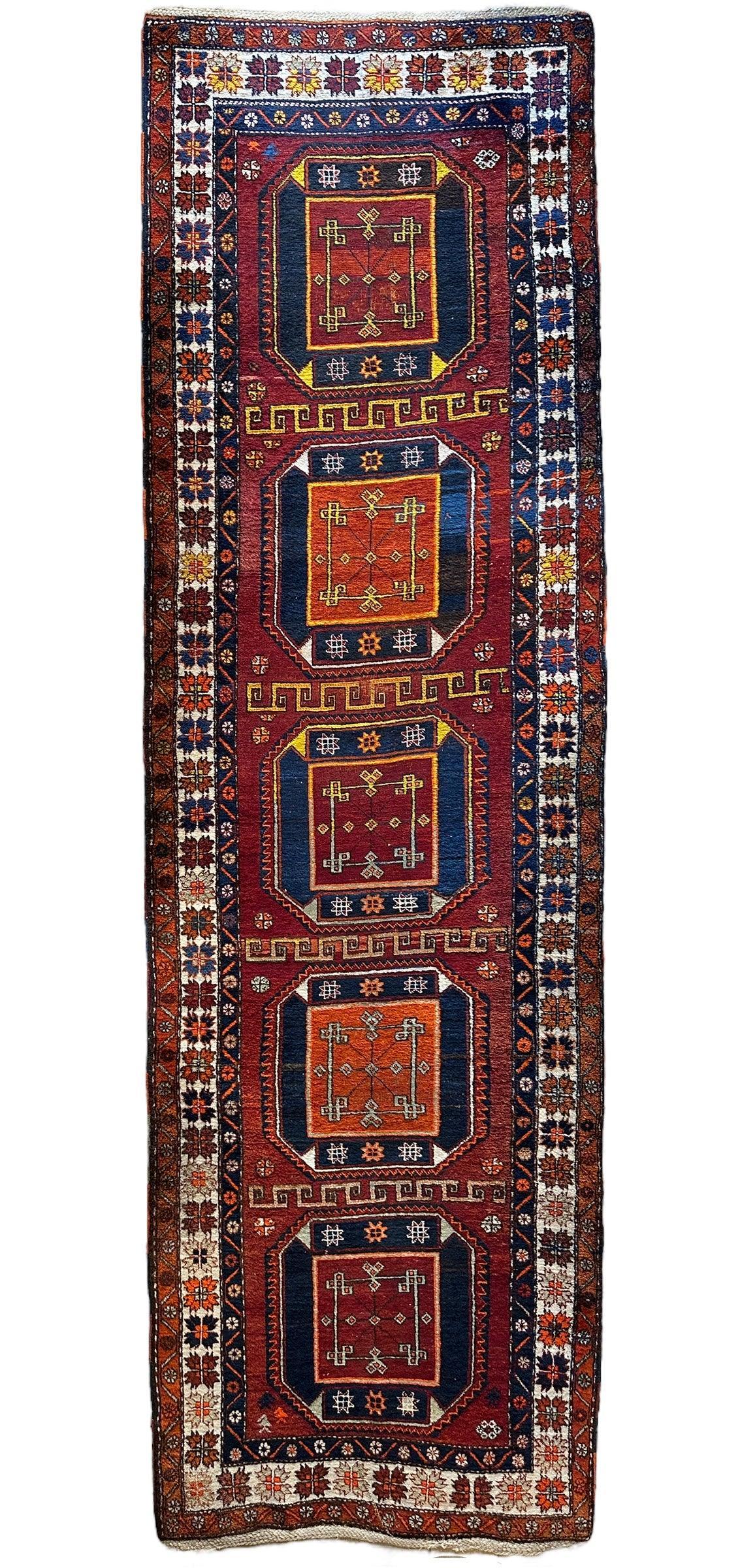 Antique circa 1920's Kurdish-Kazak Geometric Motifs Runner 3’8” x 12’3”